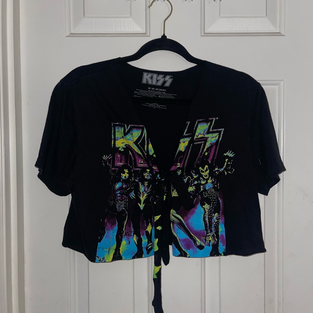 Kiss Black Tie-Front Crop Top with Graphic upcycle